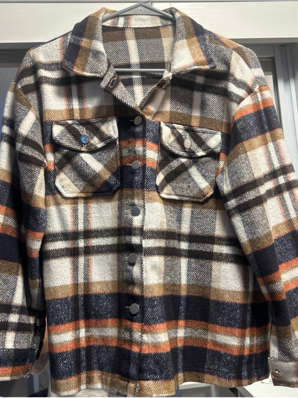 SHEIN Black, Cream & Brown Plaid Button-Down Shirt Jacket with Orange Stripes